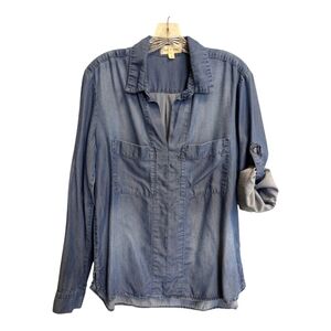 Cloth And Stone Denim Blue Long Sleeve Shirt Roll Tab